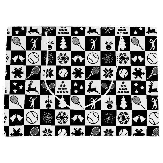 Stijlvolle zwarte en witte kersttennis groot cadeauzakje (Voorkant)