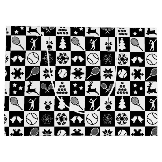 Stijlvolle zwarte en witte kersttennis groot cadeauzakje (Achterkant)