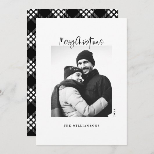 Stijlvolle zwarte en witte, minimalistische kerstf feestdagenkaart (Voorkant / Achterkant)