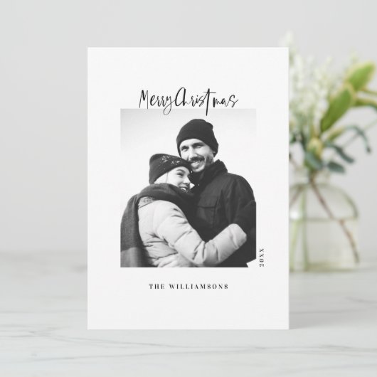 Stijlvolle zwarte en witte, minimalistische kerstf feestdagenkaart (Staand voorkant)