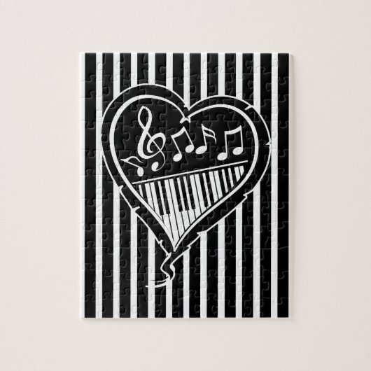 Stijlvolle zwarte en witte muzieknoten en piano legpuzzel (Verticaal)