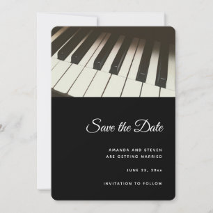 Stijlvolle zwarte en witte pianoketoestel foto save the date