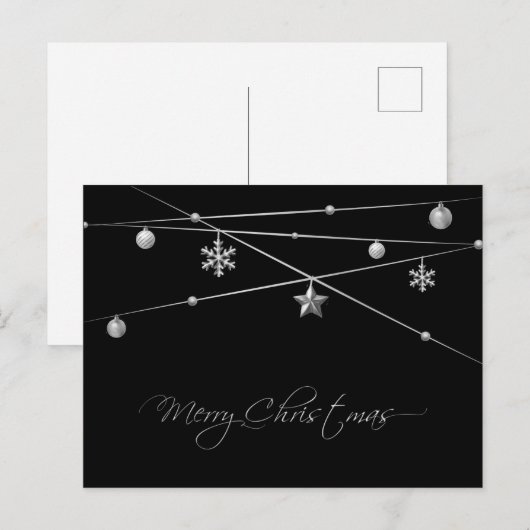 Stijlvolle zwarte en zilveren kerstkalligrafie feestdagenkaart (Voorkant / Achterkant)
