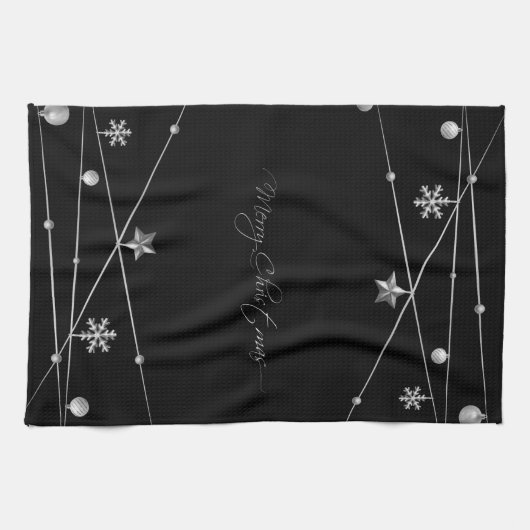 Stijlvolle zwarte en zilveren kerstkalligrafie theedoek (Horizontaal)