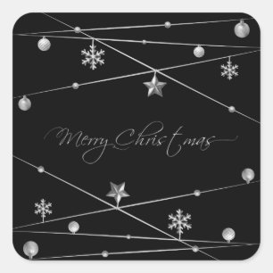 Stijlvolle zwarte en zilveren kerstkalligrafie vierkante sticker