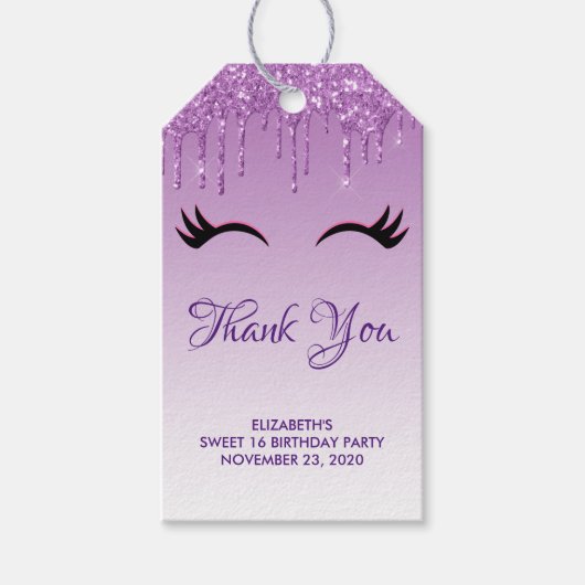 Stijlvolle zwarte Eyelashes & Paarse Glitter Harte Cadeaulabel (Voorkant)