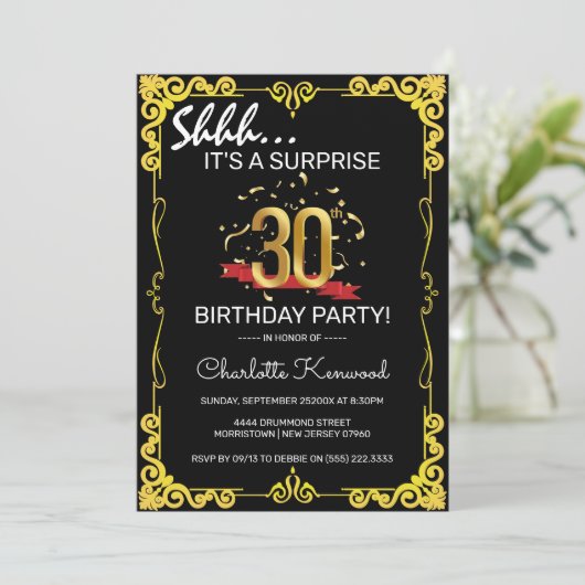 Stijlvolle Zwarte & Gold 30e verrassingsfeest Kaart (Staand voorkant)