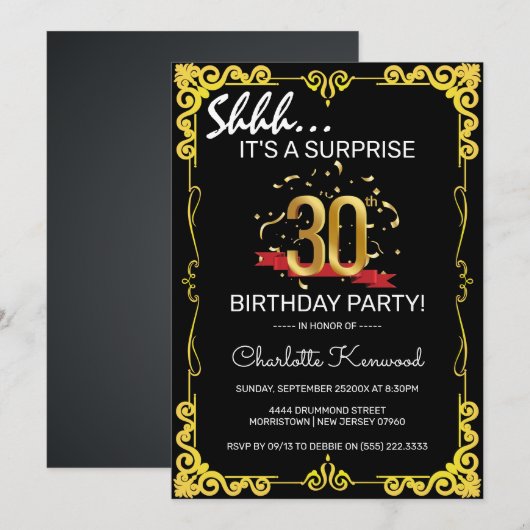 Stijlvolle Zwarte & Gold 30e verrassingsfeest Kaart (Voorkant / Achterkant)