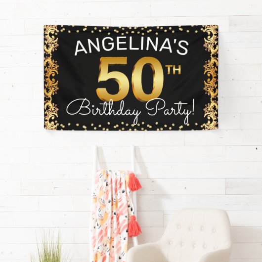 Stijlvolle Zwarte & Gold 50e verjaardag Spandoek (Insitu)