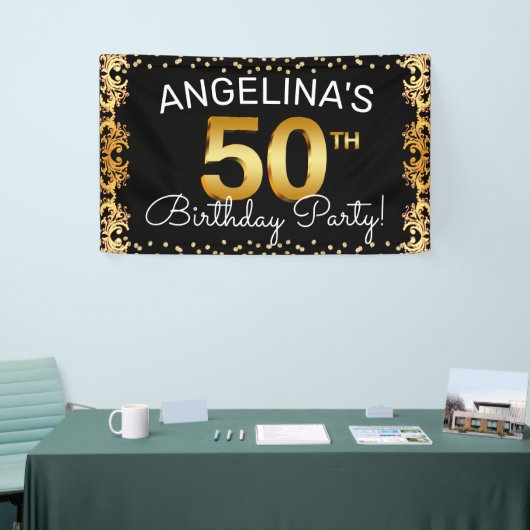 Stijlvolle Zwarte & Gold 50e verjaardag Spandoek (Beurs)