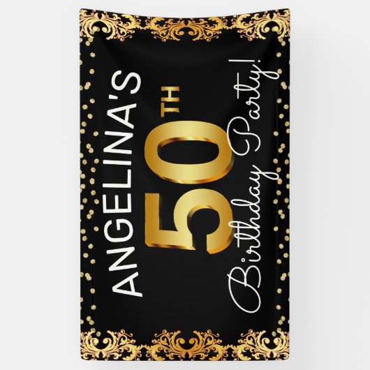 Stijlvolle Zwarte & Gold 50e verjaardag Spandoek (Verticaal)