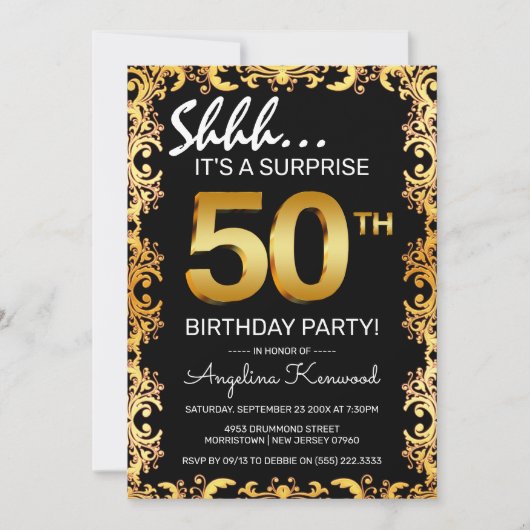 Stijlvolle Zwarte & Gold 50e verrassingsdag Kaart (Voorkant)