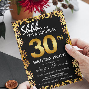 Stijlvolle zwarte & gouden 30e verjaardagsfeest ve kaart