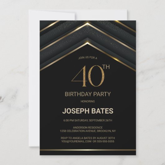 Stijlvolle zwarte gouden 40e verjaardag kaart (Voorkant)