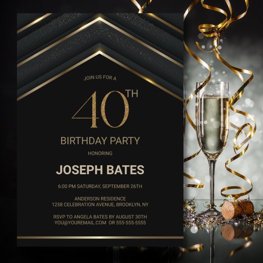 Stijlvolle zwarte gouden 40e verjaardag kaart