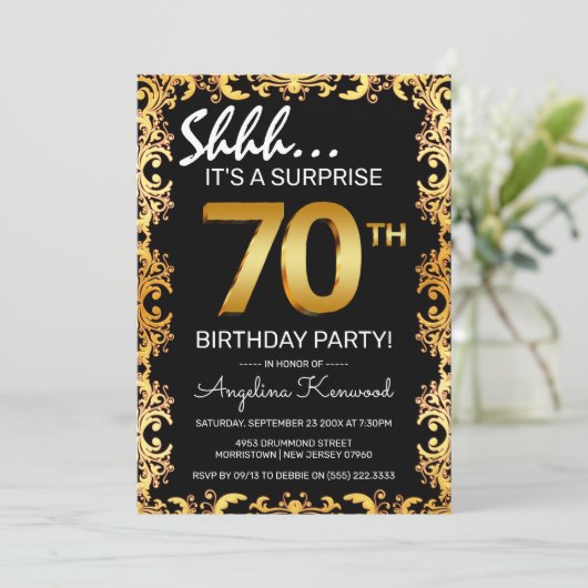 Stijlvolle zwarte & gouden 70ste verrassingsdag kaart (Staand voorkant)