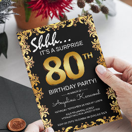 Stijlvolle zwarte & gouden 80ste verjaardag surpri kaart