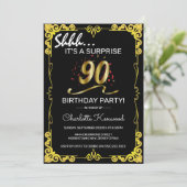 Stijlvolle zwarte & gouden 90e verrassingsfeest kaart (Staand voorkant)