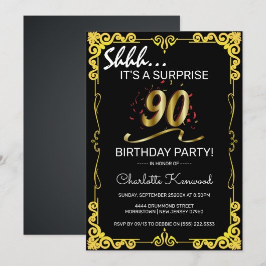 Stijlvolle zwarte & gouden 90e verrassingsfeest kaart (Voorkant / Achterkant)