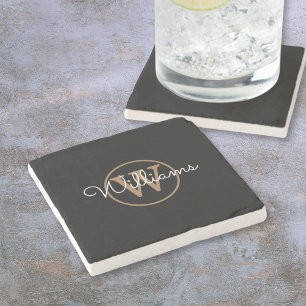 Stijlvolle zwarte gouden monogram script naam stenen onderzetter