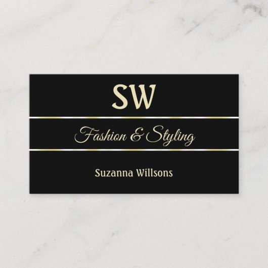 Stijlvolle zwarte gouden staven met monogram visitekaartje (Voorkant)
