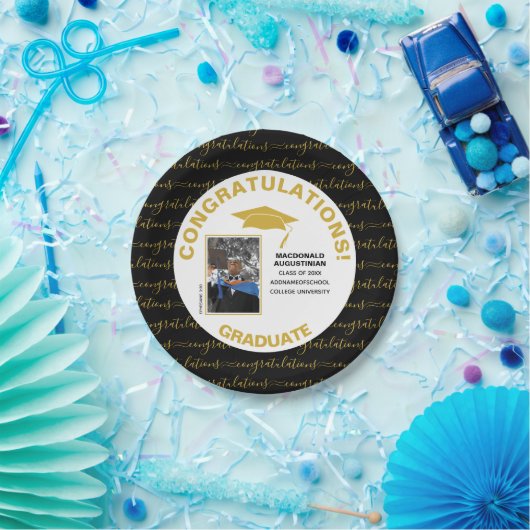 Stijlvolle zwarte goudfoto Afstuderen Papieren Bordje (Feest)