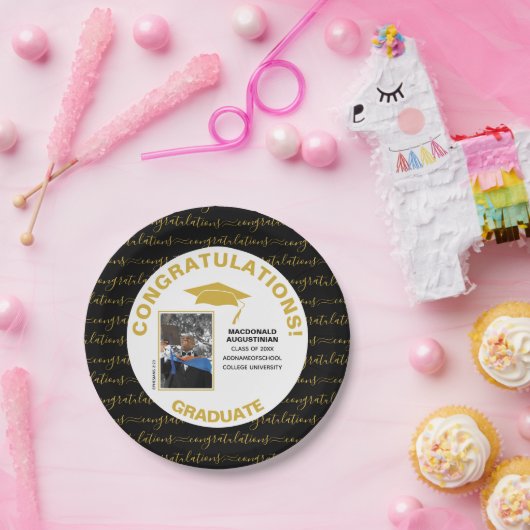 Stijlvolle zwarte goudfoto Afstuderen Papieren Bordje (Feest)