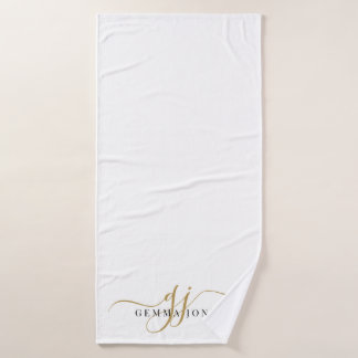 Stijlvolle zwarte goudmonogram Elegant Script Name Badhanddoek