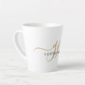 Stijlvolle zwarte goudmonogram Elegant Script Name Latte Mok (Linkerhoek)