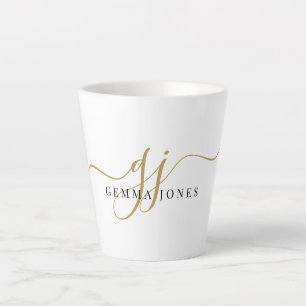 Stijlvolle zwarte goudmonogram Elegant Script Name Latte Mok