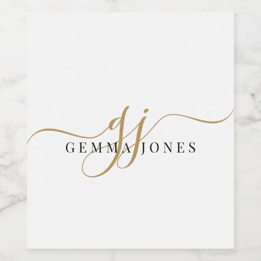Stijlvolle zwarte goudmonogram Elegant Script Name Wijn Etiket (Enkel label)