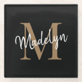 Stijlvolle zwarte goudmonogram Feminine Script Nam Glazen Onderzetter (Voorkant)