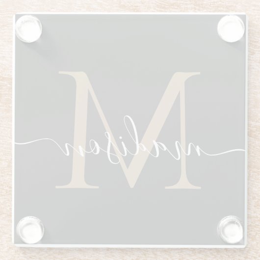 Stijlvolle zwarte goudmonogram Feminine Script Nam Glazen Onderzetter (Achterkant)