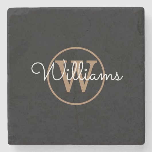 Stijlvolle zwarte goudmonogram-scriptnaam stenen onderzetter (Voorkant)
