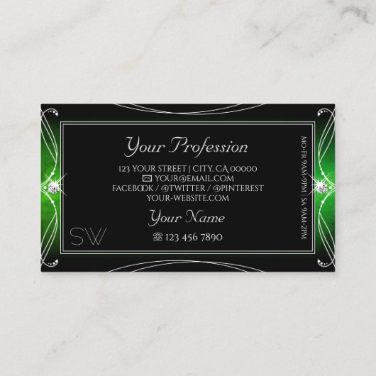 Stijlvolle zwarte groene Sparkle Jewels Monogram Visitekaartje (Achterkant)