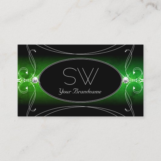 Stijlvolle zwarte groene  Sparkle Jewels Monogram Visitekaartje (Voorkant)