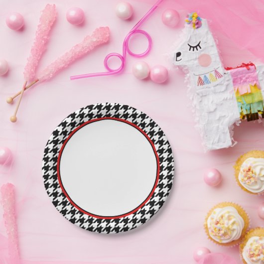 Stijlvolle Zwarte Houndstooth met rood | Papieren  Papieren Bordje (Feest)