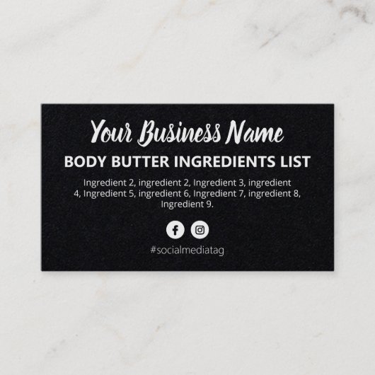 Stijlvolle zwarte ingrediënten instructies visitekaartje (Voorkant)
