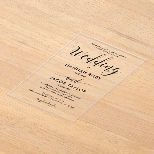 Stijlvolle zwarte kalligrafie elegante bruiloft acryl uitnodigingen (Laagn)