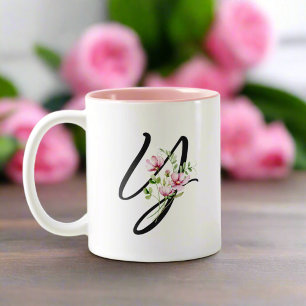 Stijlvolle zwarte letter "Y" roze bloemen bladeren Tweekleurige Koffiemok