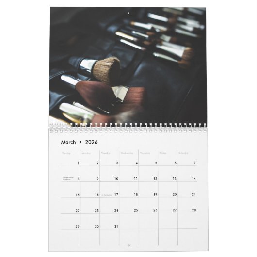Stijlvolle zwarte make-up artiest kalender (Mar 2026)