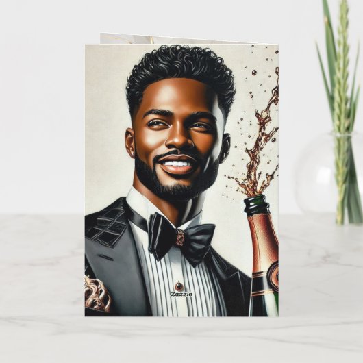 Stijlvolle Zwarte Man Champagne Luxe Verjaardag Ka Kaart (Achterkant)