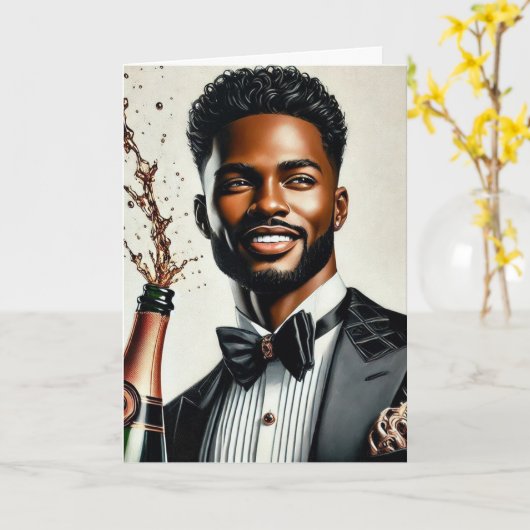 Stijlvolle Zwarte Man Champagne Luxe Verjaardag Ka Kaart (Gele Bloem)