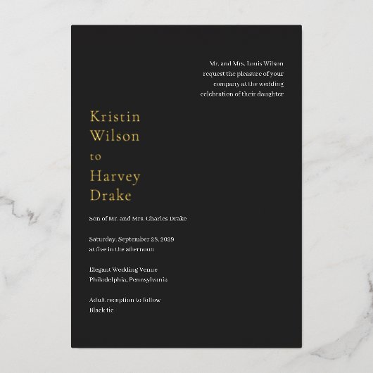 Stijlvolle zwarte moderne bruiloft folie uitnodiging (Voorkant)