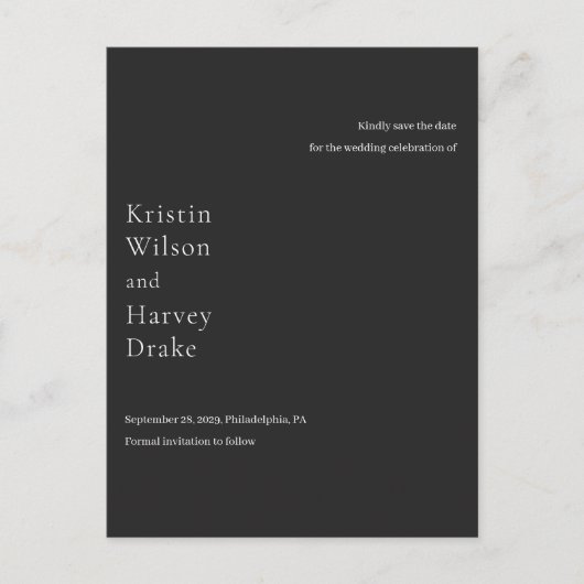 Stijlvolle zwarte moderne bruiloft Save the Date Aankondigingskaart (Voorkant)