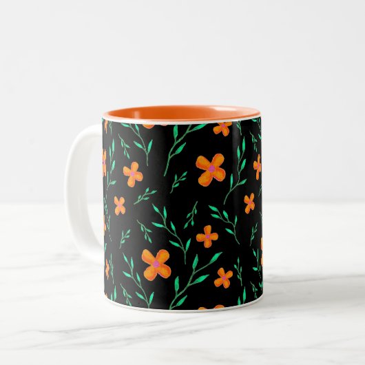 Stijlvolle zwarte Oranje Waterverf Floral Pattern Tweekleurige Koffiemok (Voorkant links)