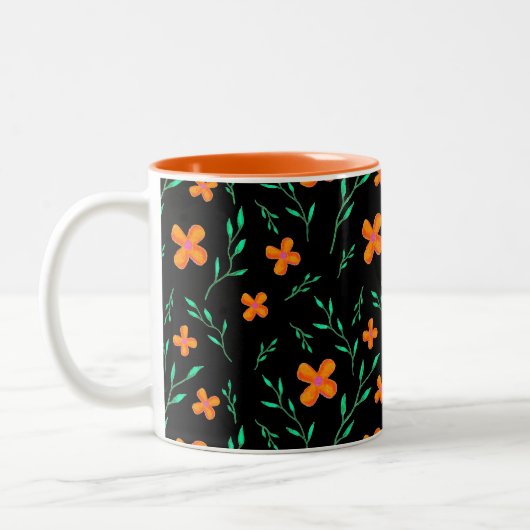 Stijlvolle zwarte Oranje Waterverf Floral Pattern Tweekleurige Koffiemok (Links)