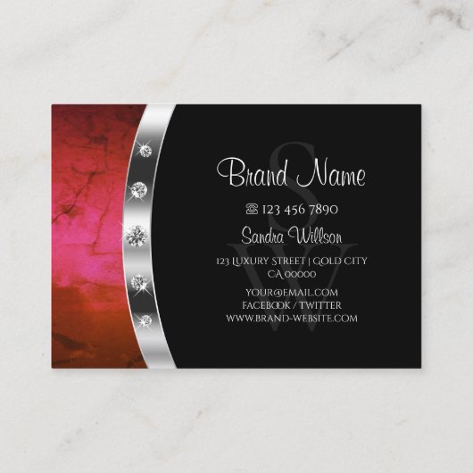 Stijlvolle zwarte rode marmer en zilver met monogr visitekaartje (Achterkant)
