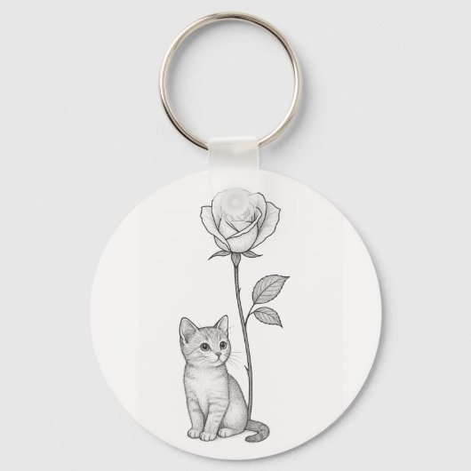 Stijlvolle zwarte roos met Kleine Chaton Sleutelhanger (Voorkant)