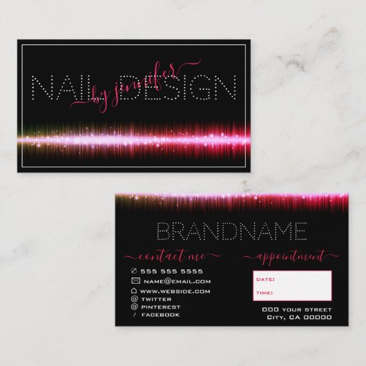 Stijlvolle zwarte roze kleurige Nail Studio-benoem Visitekaartje (Voorkant / Achterkant)
